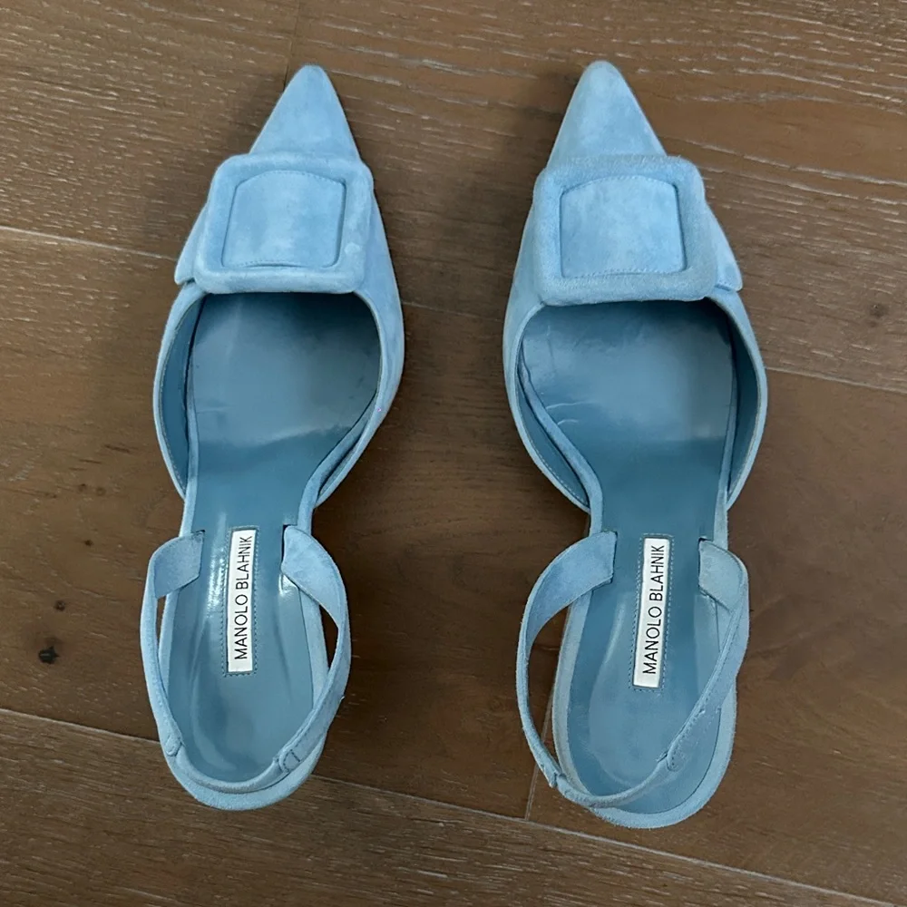 Manolo Blahnik Light Blue Suede Heels - Picture 1 of 12